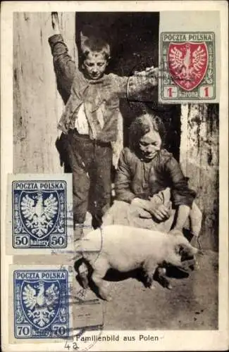 Ak Polen, Kinder mit einem Schwein