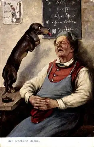 Ak Der gescheite Dackel, Schlafender Wirt
