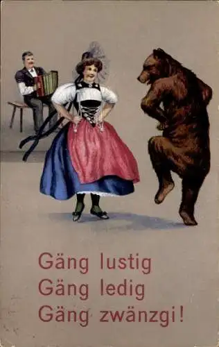 Ak Kanton Bern, Frau in Schweizer Tracht tanzt mit einem Braunbären