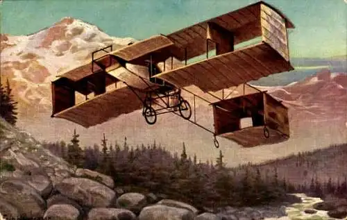 Künstler Ak Hildebrandt, Zipfels Flugapparat, Doppeldeckerflugzeug im Gebirge, Flugpionier