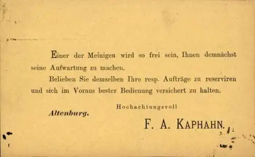 Vorläufer Ak Altenburg in Thüringen, F. A. Kaphahn, Besuchsankündigung, 1877