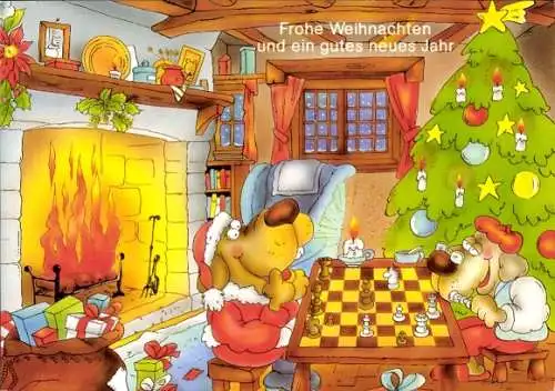 Ak Glückwunsch Weihnachten, Vermenschlichte Hunde spielen Schach, Weihnachtsmann