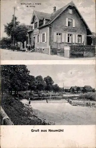 Ak Neumühl Kehl am Rhein, Wirtschaft zum Kranz, Flusspartie, Wehr