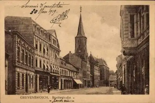Ak Grevenbroich am Niederrhein, Breitestraße, Geschäfte, Kirchturm