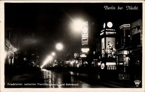 Ak Berlin Mitte, Friedrichstraße, Nachtbeleuchtung, Leuchtreklame