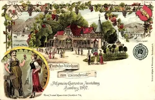 Wappen Litho Hamburg, Gartenbauausstellung 1897, Deutsches Weinhaus Weinschmidt