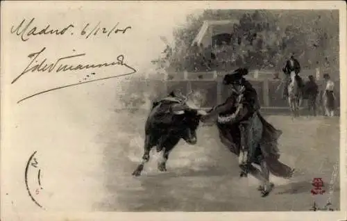 Künstler Ak Stierkampf, Torero, Stier-Angriff, Arena