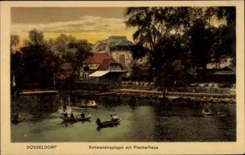 Ak Düsseldorf am Rhein, Schwanenspiegel mit Fischerhaus