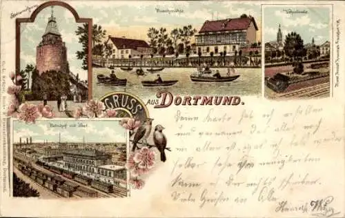 Litho Dortmund im Ruhrgebiet, Bahnhof mit Post, Buschmühle, Vehmlinde