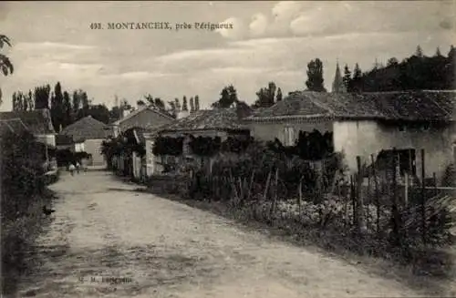 Ak Montanceix Dordogne, Wegepartie, Häuser