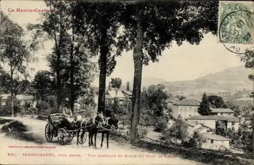 Ak Sengouagnet Haute-Garonne, Vue generale et Route du Pont, Pferdekutsche
