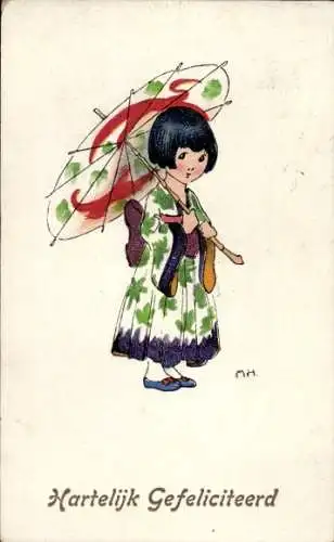 Künstler Ak Glückwunsch Geburtstag, Japanerin im Kimono mit Sonnenschirm