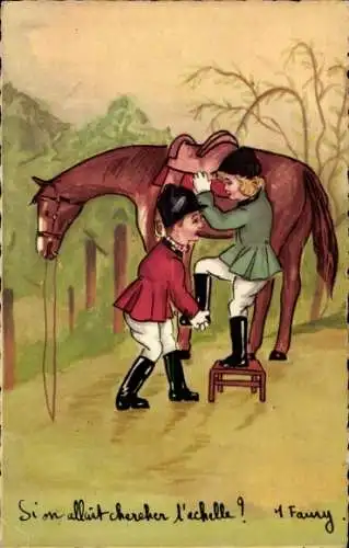 Künstler Ak Junge hilft einem Mädchen aufs Pferd