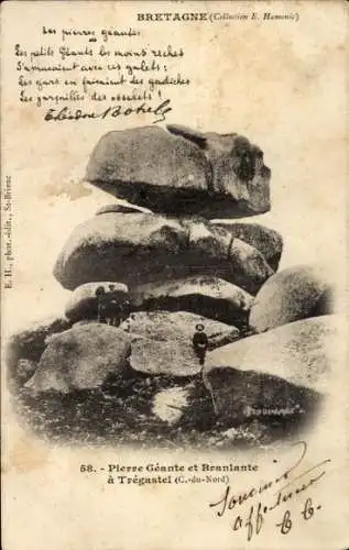 Ak Bretagne, Riesen- und Branlante-Stein in Trégastel, Theodore Botrel