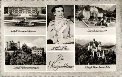 Ak König Ludwig II. von Bayern, Schloss Herrenchiemsee, Linderhof, Neuschwanstein, Hohenschwangau