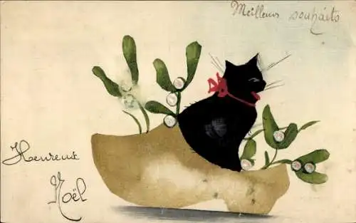 Ak Weihnachten, Schwarze Katze im Schuh, Mistelzweige