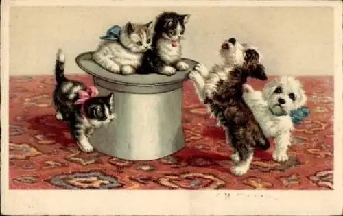 Ak Kleine Katzen, Hunde, Zylinder