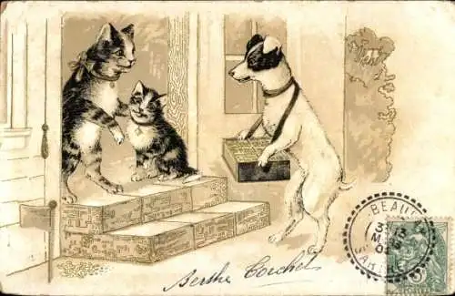 Ak Hund-Verkäufer und Katzen an der Tür