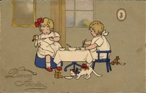 Ak Glückwunsch Neujahr, Kinder beim Essen, Mädchen füttert ihre Puppe