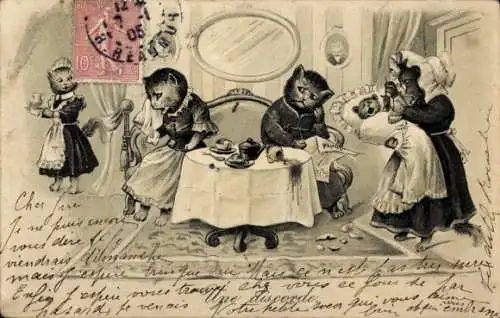 Präge Litho Vermenschlichte Katzen, Weinende Frau, Dienstmädchen