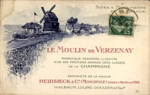 Ak Verzenay-Marne, Mühle, Herrliches Panorama im Zentrum, Haus, Heidsieck