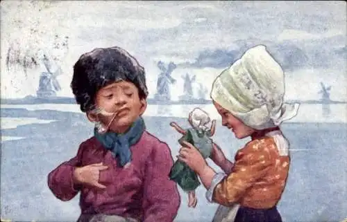 Künstler Ak Feiertag, Karl, Kinder in niederländischen Trachten, Pfeife, Puppe