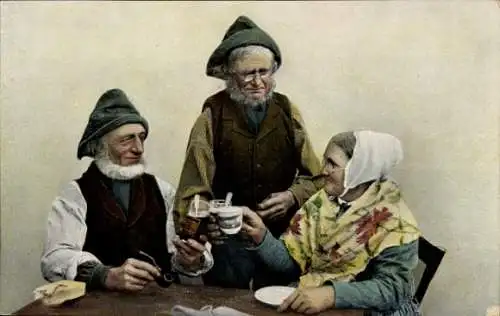Ak Ehepaar am Tisch, Tasse, Pfeife, Besuch, Tracht