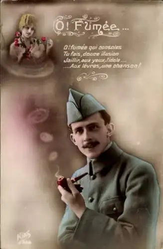 Ak Soldat denkt an seine Frau, Pfeife, Soldatenliebe