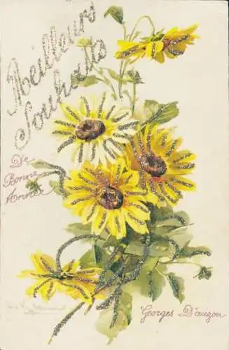 Glitzer Künstler Ak Klein, Catharina, gelbe Blumen, Blüten