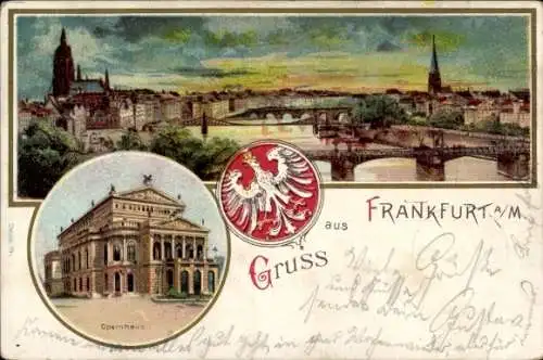 Litho Frankfurt am Main, Panorama, Opernhaus, Wappen