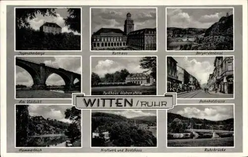 Ak Witten an d. Ruhr, Jugendherberge, Rathaus, Bergerdenkmal, Viadukt, Parhaus Hohenstein
