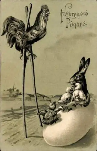 Präge Litho Glückwunsch Ostern, Hahn auf Stelzen, Hase, Küken