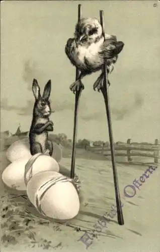 Präge Litho Glückwunsch Ostern, Küken auf Stelzen, Hase, Eier