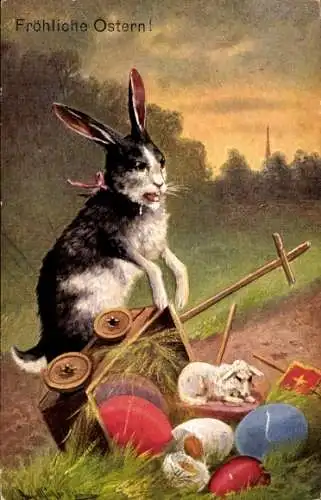 Ak Glückwunsch Ostern, Weinender Hase, Karren ist umgekippt, Eier