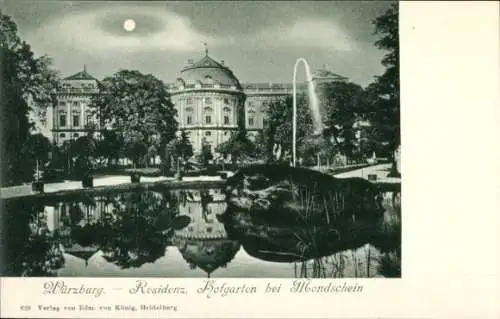Mondschein Ak Würzburg am Main Unterfranken, Residenz, Hofgarten, Fontäne