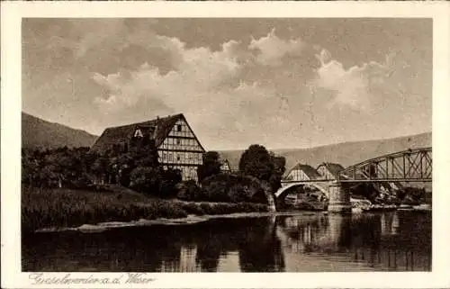 Ak Gieselwerder an der Oberweser Hessen, Brücke, Fachwerkhäuser