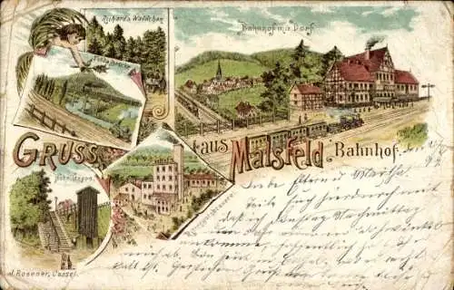Litho Malsfeld in Hessen, Bahnhof, Richards Wäldchen, Fuldabrücke, hohe Treppe, Rittergutsbrauerei