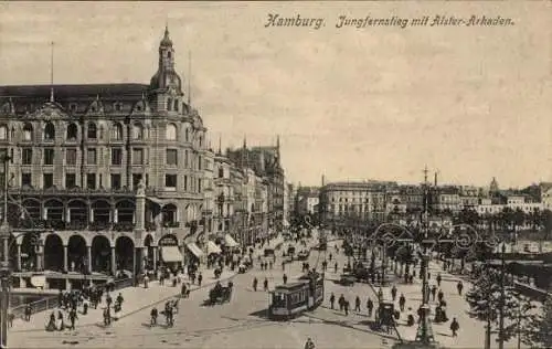 Ak Hamburg Mitte Neustadt, Jungfernstieg, Alster-Arkaden, Straßenbahn