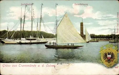 Ak Ostseebad Travemünde Lübeck, Ostsee, Jachthafen, Leuchtturm, Schiffe