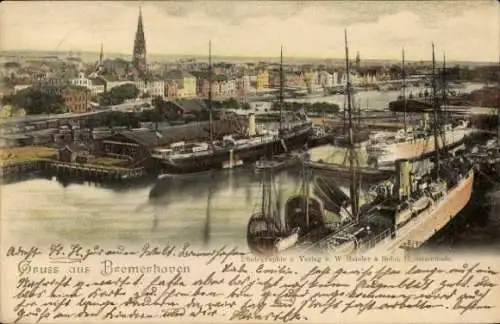 Ak Bremerhaven, Gesamtansicht, Hafen, Schiffe, Kirchturm