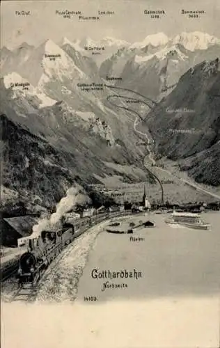 Ak Flüelen Kt. Uri Schweiz, Gotthardbahn, Erstfeld, Dammastock, Leckihorn, Galenstock