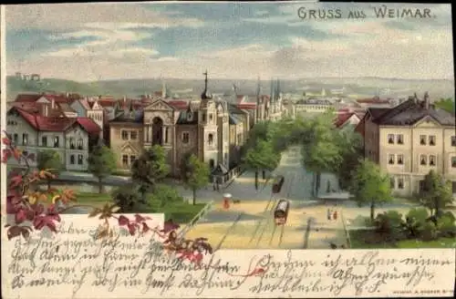 Litho Weimar in Thüringen, Straßenpartie mit Gebäuden, Straßenbahn