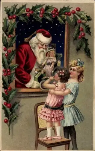 Präge Ak Glückwunsch Weihnachten, Weihnachtsmann und Kinder, Puppe, Stechpalmenzweige