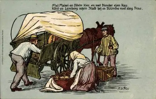 Künstler Ak Aachen in Nordrhein Westfalen, Bauer und Bäuerin am Pferdewagen