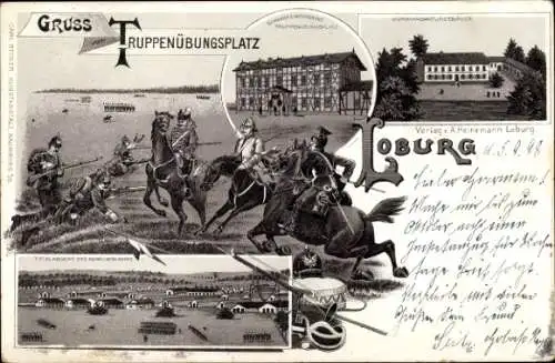 Litho Loburg Möckern in Sachsen Anhalt, Truppenübungsplatz, Kommandanturgebäude, Husar, Ulane