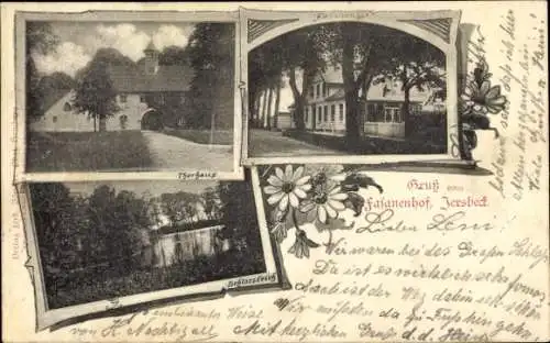 Ak Jersbek in Schleswig Holstein, Fasanenhof, Torhaus, Schlossteich