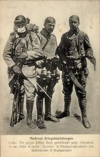 Ak Moderne Kriegsausrüstung, englischer Infanterist mit Gasmaske, Handgranatenwerfer