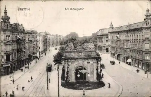 Ak Szczecin Stettin Pommern, Partie am Königstor, Straßenbahn, Gebäude