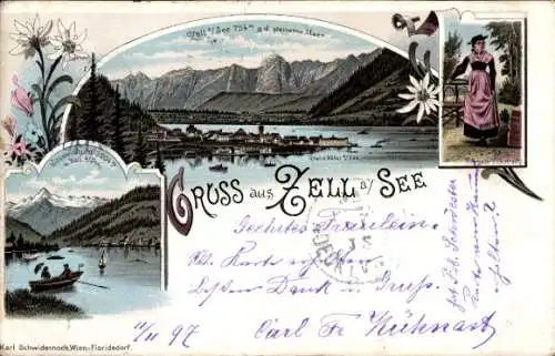 Litho Zell am See in Salzburg, Totalansicht, Kitzsteinhorn, Pinzgauer Volkstracht, Steinerne Wand