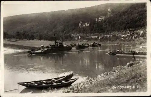 Ak Zwingenberg am Neckar Baden, Schiffe, Anleger, Panorama